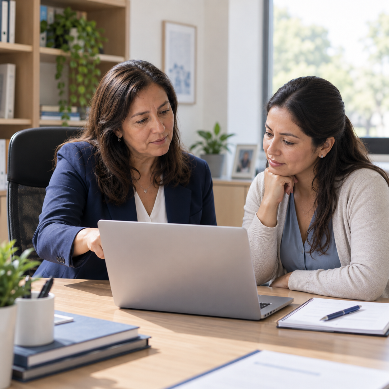 Dos profesionales revisando datos de Evaluación del Desempeño Docente en portátiles
